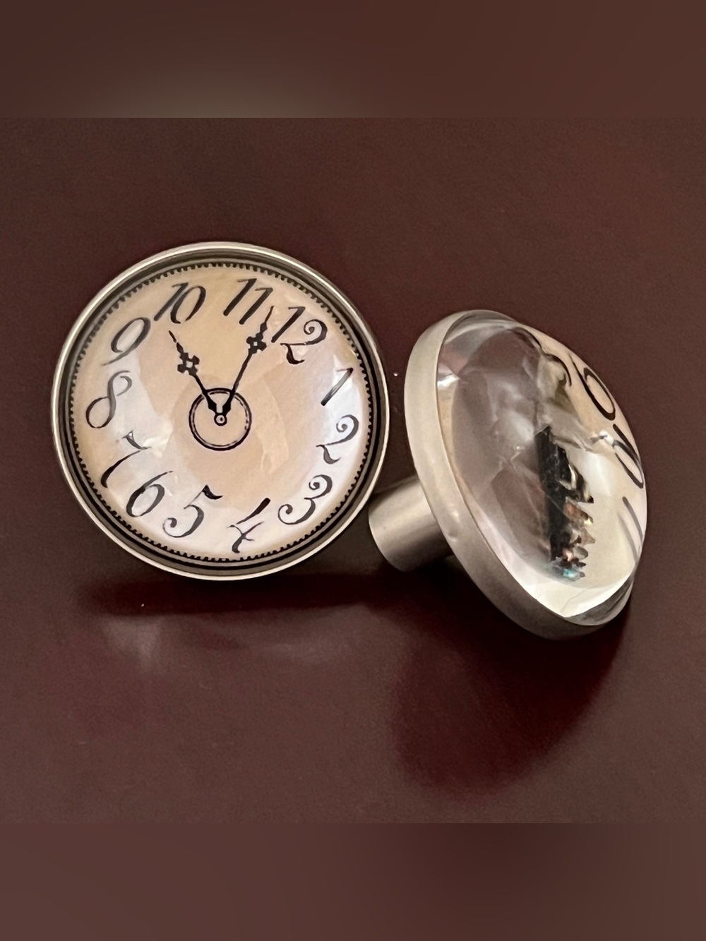 Vintage Clock Face Cabochon Glass Cabinet Knobs Drawer Pulls - Set of 2